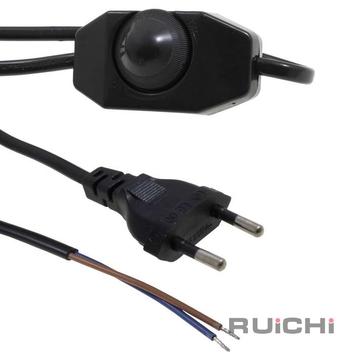Шнур сетевой 2-х полюсный с диммером RUICHI, вилка прямая CEE7/16 - без оконцевания, 2 м, 2x0.75 мм2, чёрный