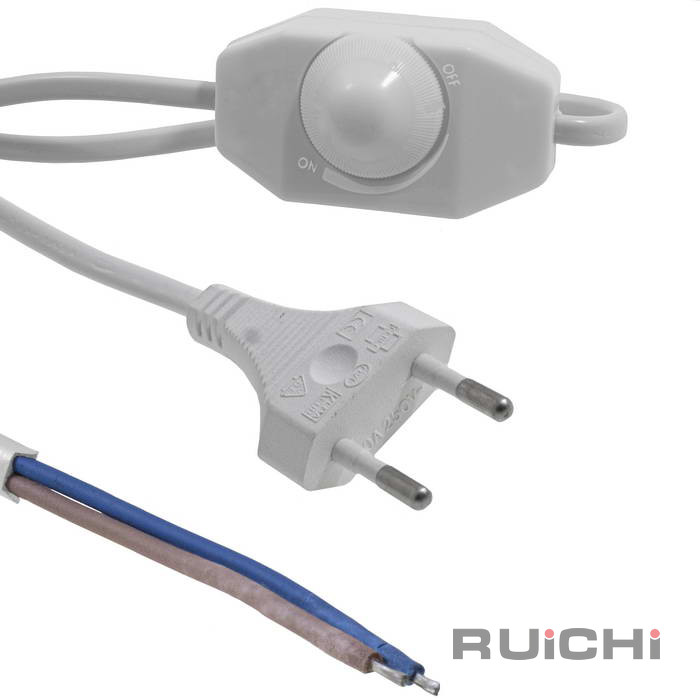 Шнур сетевой 2-х полюсный с диммером RUICHI, вилка прямая CEE7/16 - без оконцевания, 2 м, 2x0.75 мм2, белый