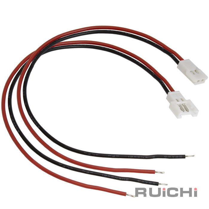 Комплект межплатного кабеля питания (вилка-розетка) RUICHI серии 5100, сечение проводника 0.12 мм2 (26AWG), 2 контакта, двухполюсный, шаг разъема 2.00 мм, 0…+80 °С, длина проводов 150 мм, цвет изоляции красный/чёрный, корпус разъема ПВХ