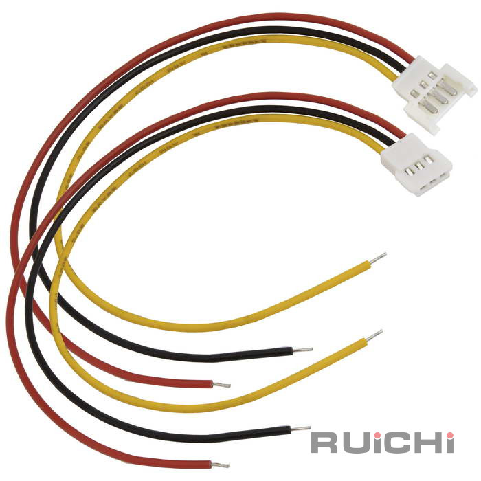Комплект межплатного кабеля питания (вилка-розетка) RUICHI серии 5100, сечение проводника 0.12 мм2 (26AWG), 3 контакта, трехполюсный, шаг разъема 2.00 мм, 0…+80 °С, длина проводов 150 мм, цвет изоляции красный/чёрный/желтый, корпус разъема ПВХ